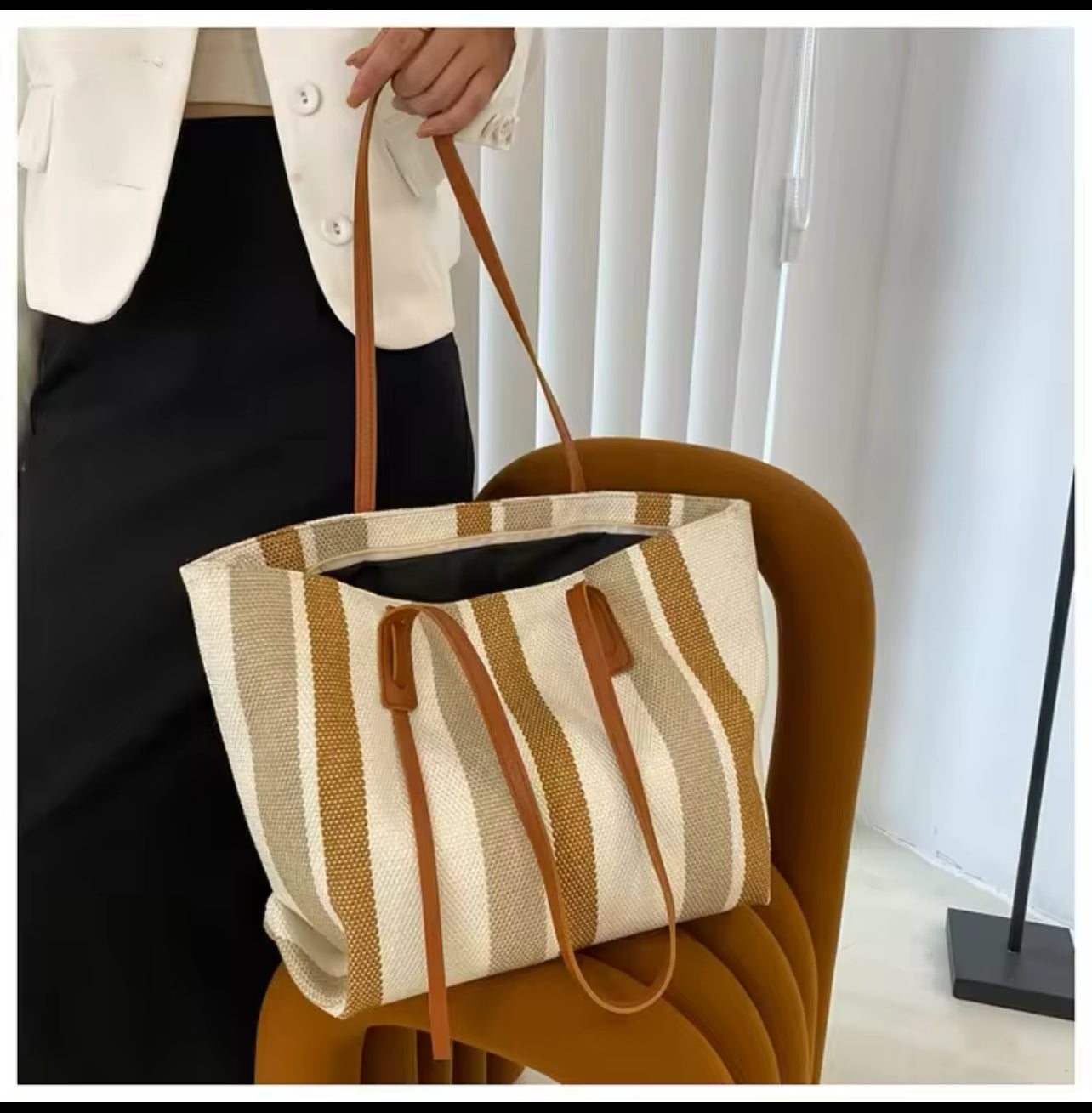 Stripe Zipper Tote Bag