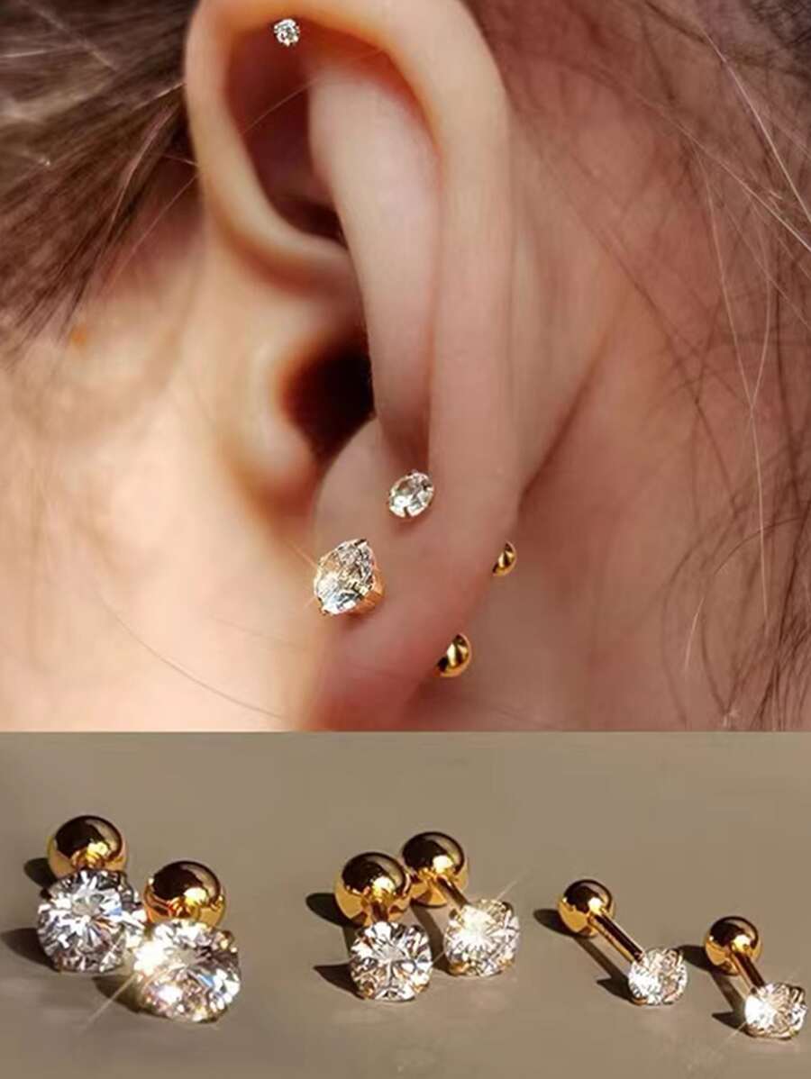 Classic Round Zirconia Stud Earrings – 3 Pair Set