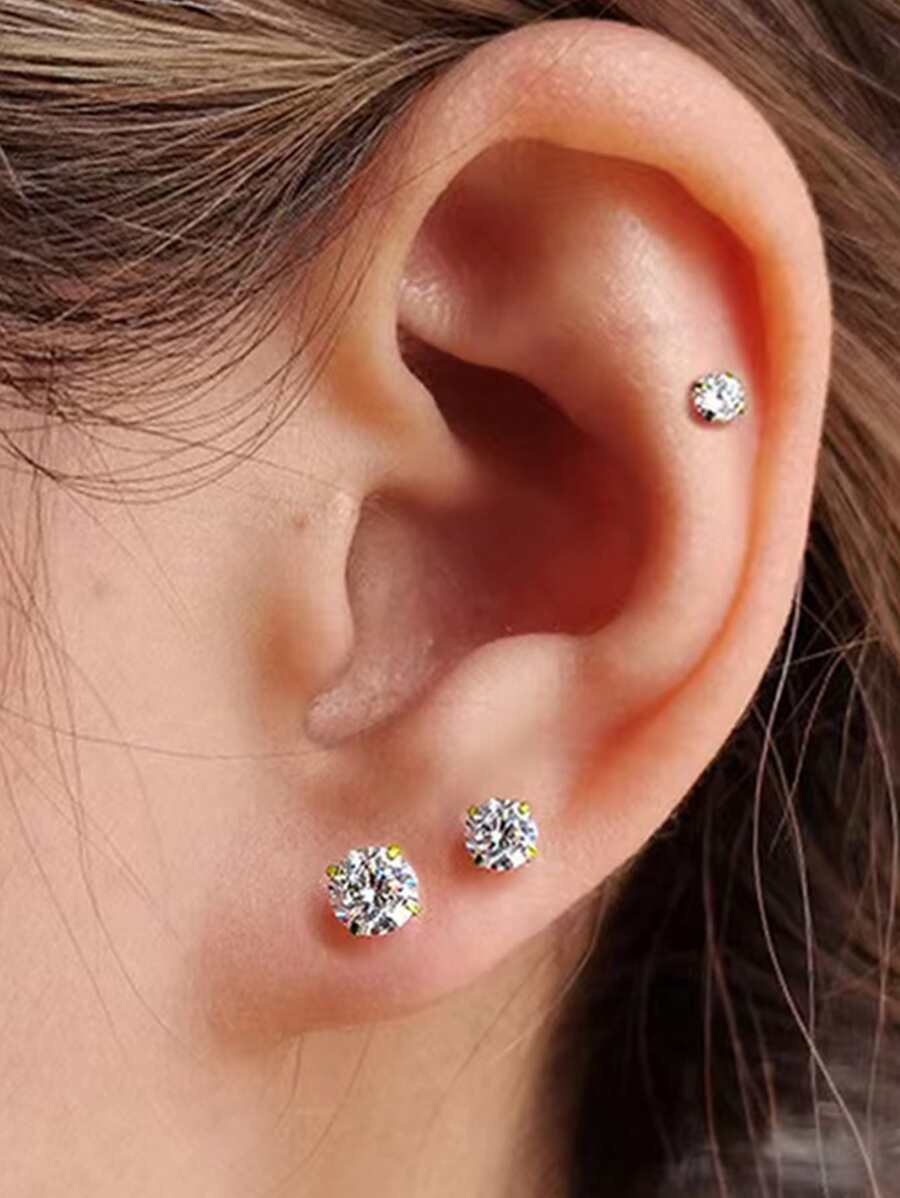 Classic Round Zirconia Stud Earrings – 3 Pair Set