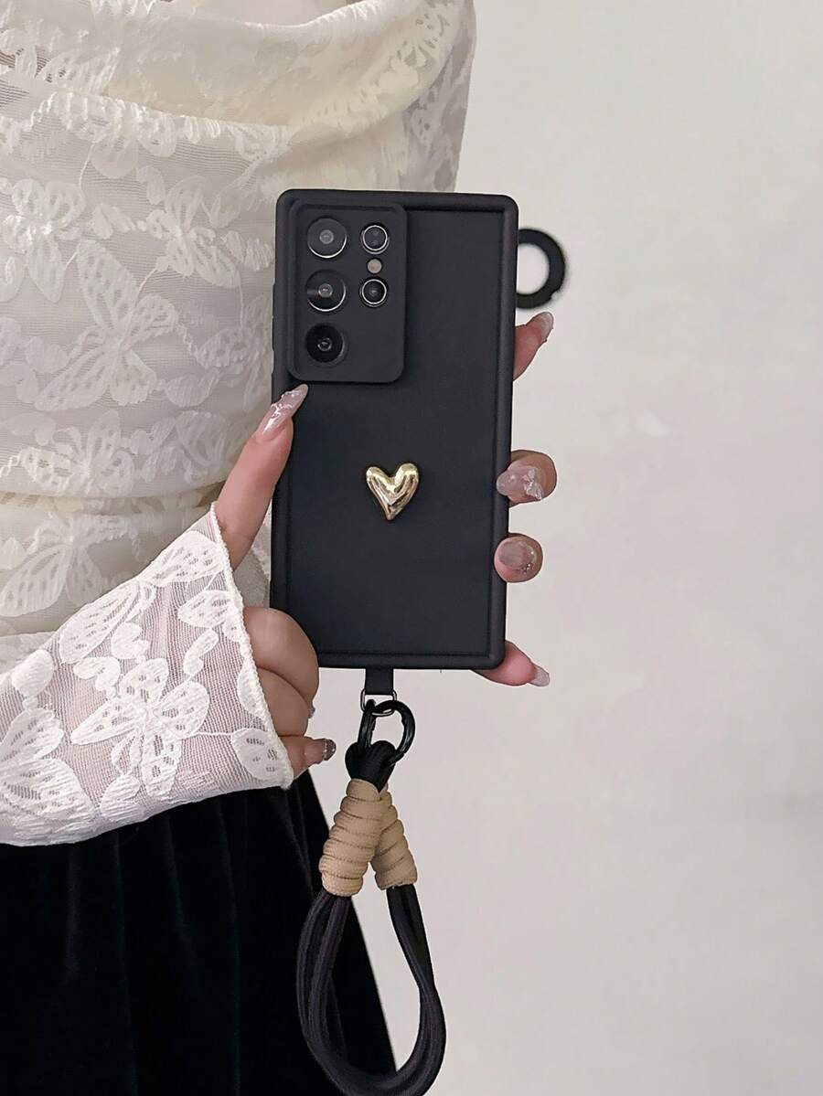 3D Gold Heart Phone Case with Lanyard - Black