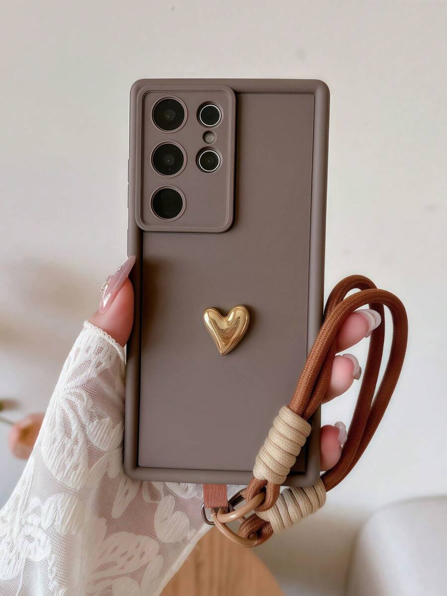 3D Gold Heart Phone Case with Lanyard - Brown