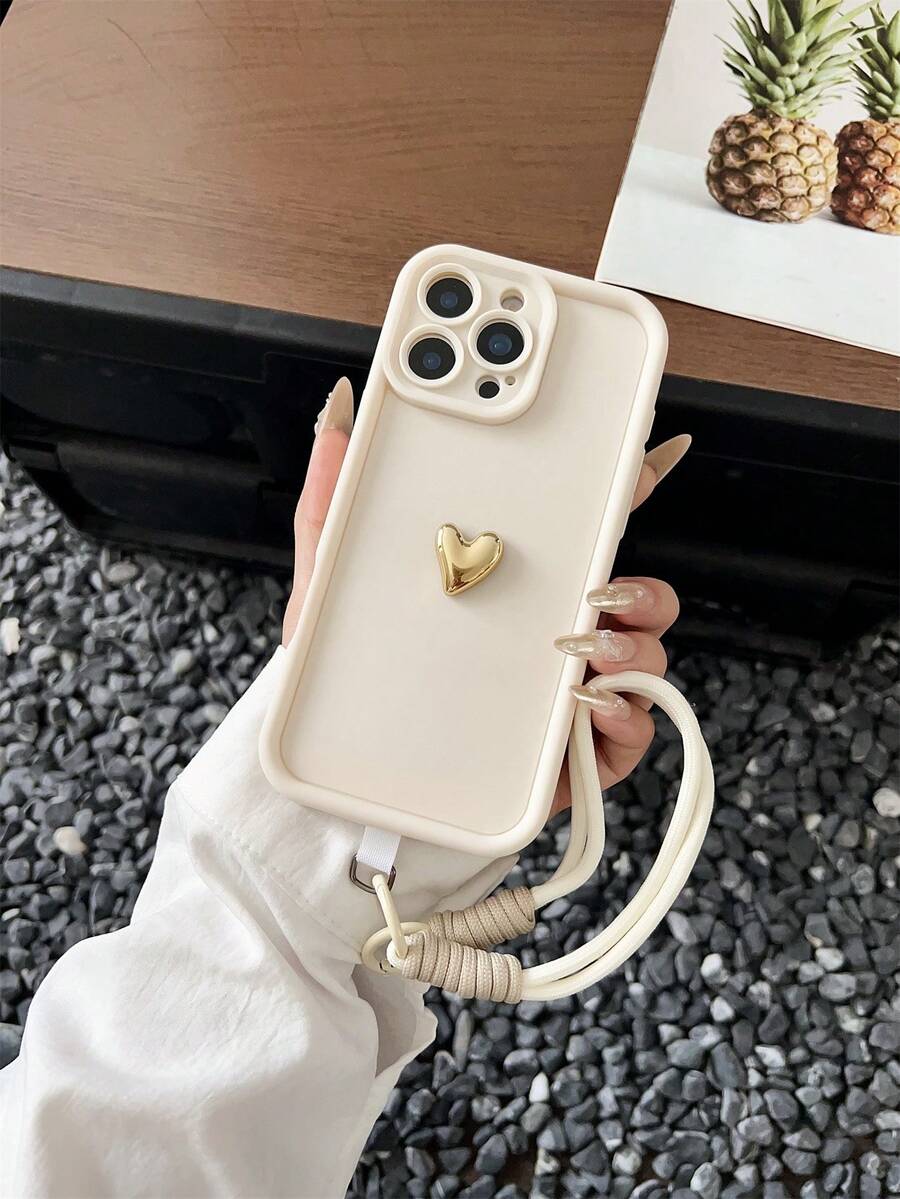 3D Gold Heart Phone Case with Lanyard - White