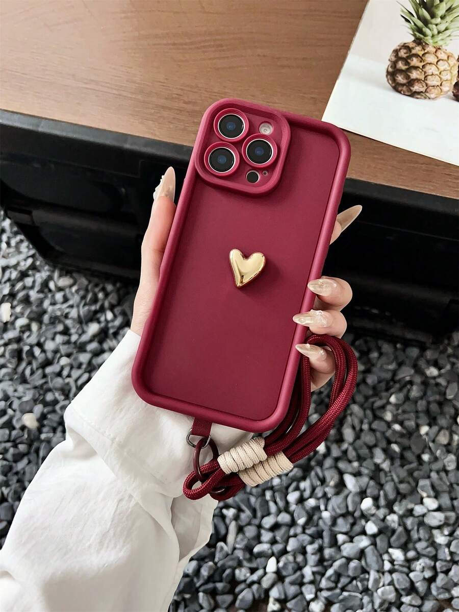 3D Gold Heart Phone Case with Lanyard - Burgundy