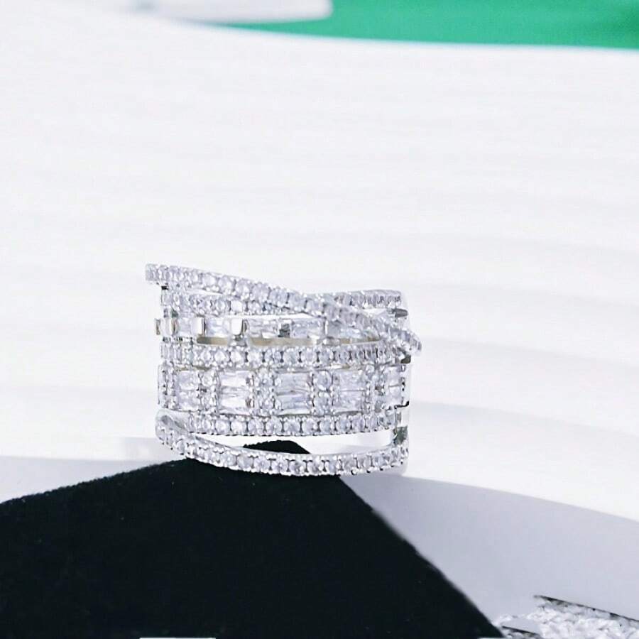 Silver Hollow Zirconia Ring with layered sparkling rows