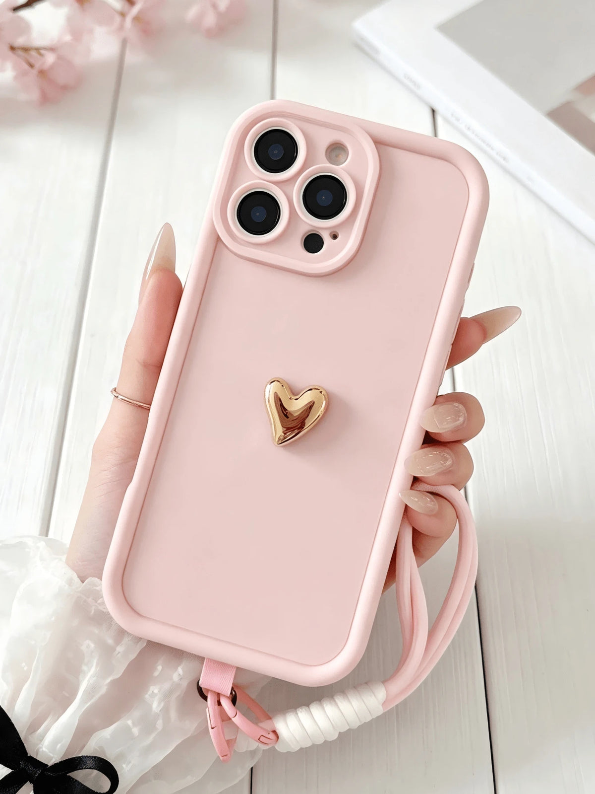 3D Gold Heart Phone Case with Lanyard - Baby Pink