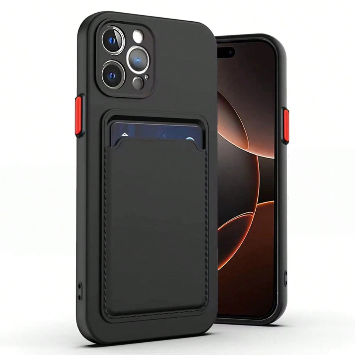 Black card slot phone case with contrasting red buttons, shown from the front and rear
