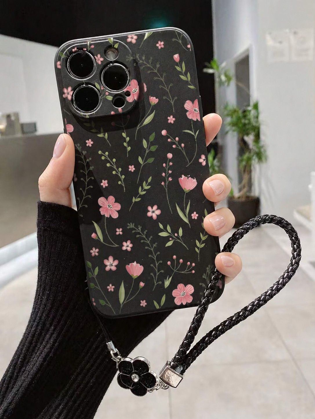 Midnight Floral Phone Case with Braided Wrist Strap