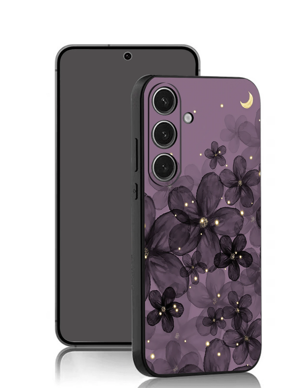 Front and back illustration of a Galaxy phone with purple floral moon case